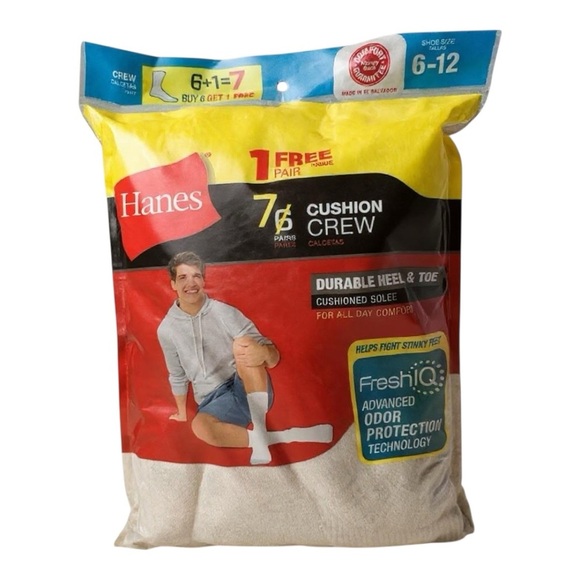 Hanes Men’s Cushion Crew Socks – 7 Pairs (6+1 Bonus), Size 6-12, NWT - Picture 1 of 4